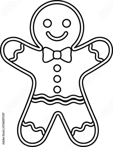 Simple outline drawing of a happy gingerbread man cookie with buttons and bow tie