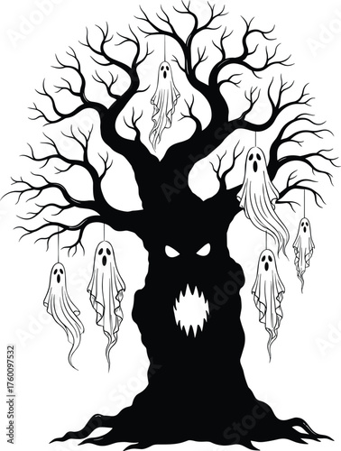 Spooky haunted tree with scary face and hanging ghosts for halloween decorations