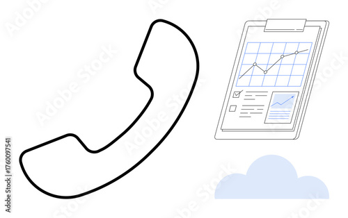 Minimalist landline handset with analytics sheet showing graphs and data checklists. Ideal for communication, analysis, connectivity, business management, technology integration, cloud computing