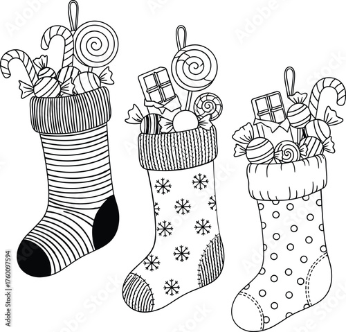 Three festive christmas stockings overflowing with candy and gifts in a charming line drawing