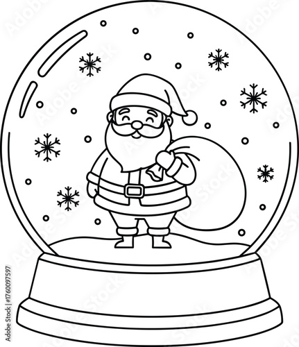 Whimsical black and white illustration of santa claus inside a snow globe with falling snowflakes