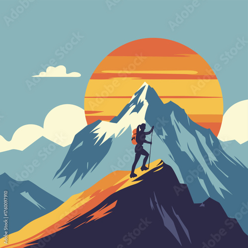 A vector illustration of a female hiker with a backpack climbing a mountain ridge at sunset