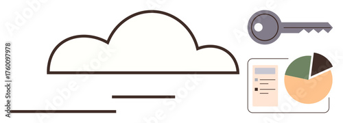 Outline cloud with key, pie chart, and document. Ideal for cloud computing, online security, data storage, analytics, access control digital privacy seamless technology. Simple flat metaphor