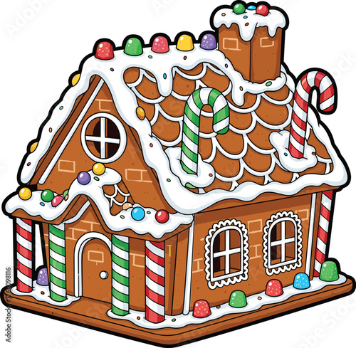 Whimsical gingerbread house adorned with colorful candies and festive christmas decorations