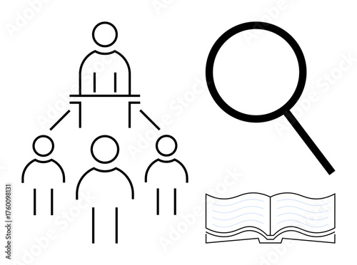 Leader directing a group, magnifying glass symbolizing focus, and open book for study or knowledge. Ideal for leadership, hierarchy, teamwork, guidance, research, education and exploration themes