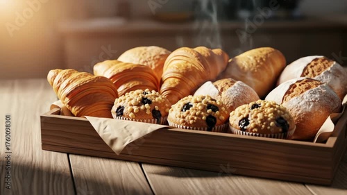 A wooden tray with fresh pastries, including croissants, muffins, and bread, bathed in sunlight