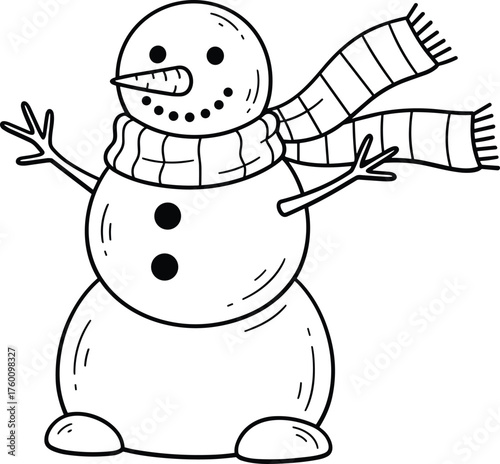Whimsical hand drawn snowman illustration wearing a striped scarf and mittens