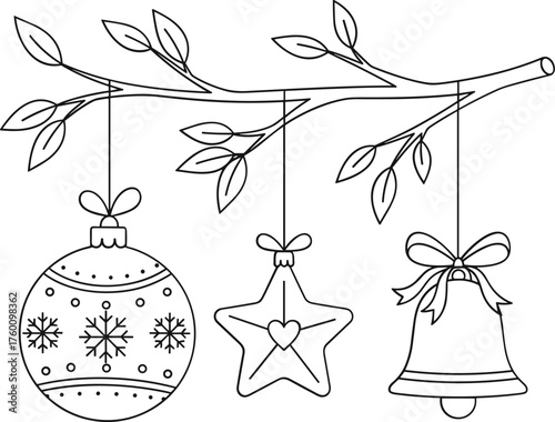Whimsical hand drawn christmas ornaments hanging from a twig with festive decorations