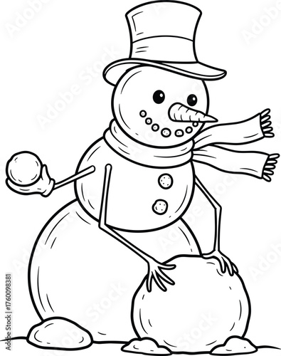Whimsical hand drawn snowman wearing a top hat and scarf building a snowball