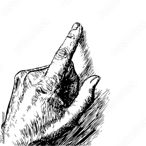 Detailed sketch of a human hand with fingers crossed, ink drawing style, isolated on white background, concept of hope and superstition