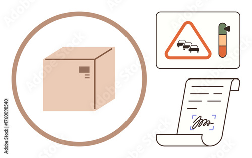Cardboard box in circle frame, traffic congestion alert sign, thermometer gauge, signed scroll document. Ideal for logistics, delivery, technology, priority management, process tracking transport
