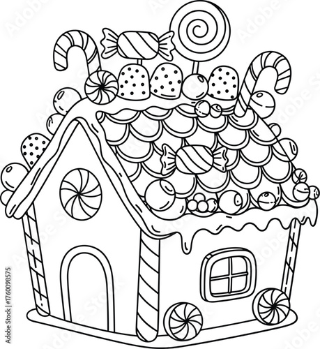 Whimsical outline drawing of a gingerbread house decorated with candy and sweets