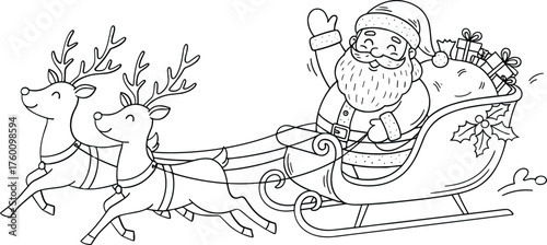 Whimsical line drawing of santa claus in his sleigh pulled by reindeer on a snowy night