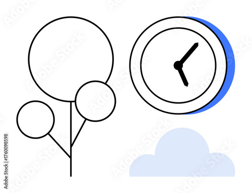 Abstract tree with circular elements, analog clock, and cloud illustration. Ideal for time, sustainability, simplicity, balance, growth environment and mindfulness concepts. A simple flat metaphor