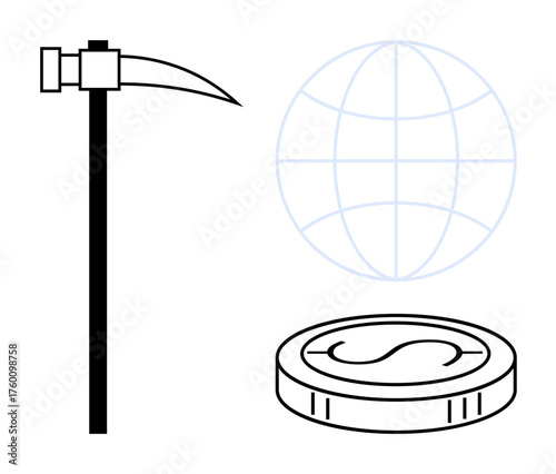 Pickaxe, digital currency coin, and global network grid highlight cryptocurrency mining, blockchain technology, and global economy. Ideal for finance, technology, investment, innovation security