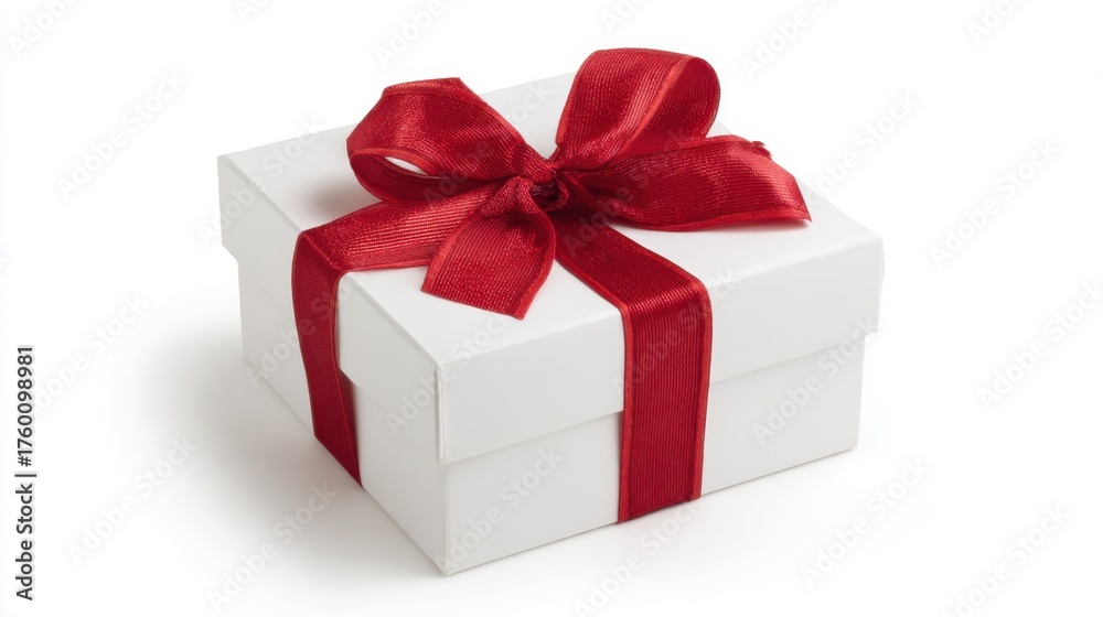 Fototapeta premium A bright white gift box tied with a red ribbon and bow is placed on a plain background. This box is perfect for birthdays holidays or events.
