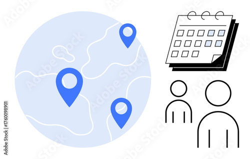 Blue location markers on a simplified globe map, calendar with tearable pages, and two human figures. Ideal for scheduling, planning, team collaboration, travel management, global networking, event
