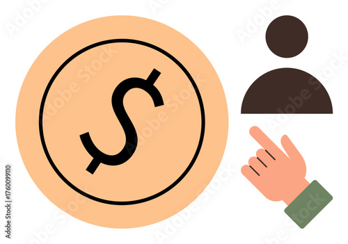 Hand pointing toward user and coin, representing payment, selection, user choice, finance, decision-making, digital interaction, prioritization. Ideal for business e-commerce personal finance