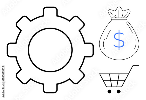 Gear shaping operations, money bag with dollar symbol indicating financial growth, and shopping cart for commerce. Ideal for business strategy, financial management, e-commerce, profitability