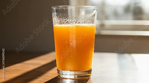 A glass of orange juice sits on a wooden table, with sunlight streaming in from the background