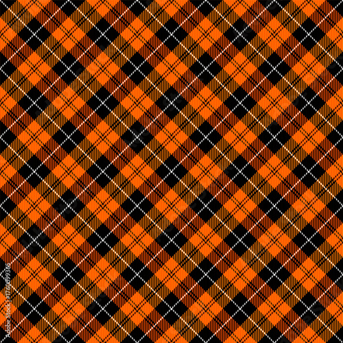 Diagonal tartan Halloween plaid. Scottish pattern in orange, black and white cage. Scottish cage. Traditional Scottish checkered background. Seamless fabric texture. Vector illustration
