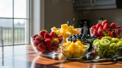 Colorful assortment of sliced fruits in glass bowls, sunlight shining on table