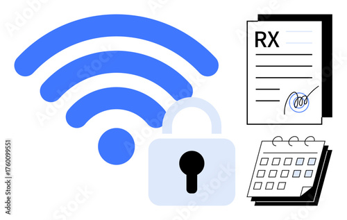 Blue wireless signal, padlock, signed prescription, and calendar highlight secure data sharing. Ideal for health data security, patient confidentiality, online medical services, scheduling, digital
