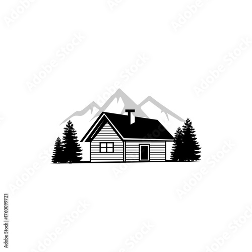 A black and white illustration of a rustic cabin nestled among pine trees with mountains in the background.