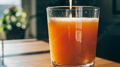 A glass of amber liquid, being poured into, with condensation droplets on the exterior