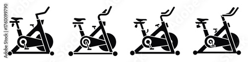 Exercise Bike Icon Set – Stationary Bicycle Silhouette Collection, Vector Illustration of Indoor Cycling Equipment for Fitness, Gym, Workout, Training, Health, Cardio, and Sport Design