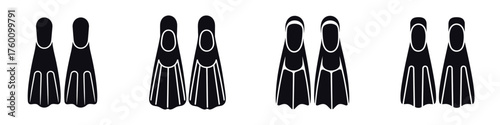 Diving Fins Icon Set – Swim Flippers Silhouette Collection, Vector Illustration of Scuba and Snorkeling Gear for Swimming, Underwater Exploration, Water Sports, and Marine Adventure Design
