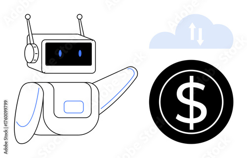 Friendly robot points at cloud with arrows and dollar coin, symbolizing AI automation, cloud computing, finance, data transfer, fintech, workflows, and modern technology in simple flat metaphor