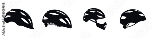 Bicycle Helmet Icon Set – Cycling Safety Gear Silhouette Collection, Vector Illustration of Bike Helmets for Sports, Racing, Outdoor Riding, Protection, Fitness, and Adventure Design