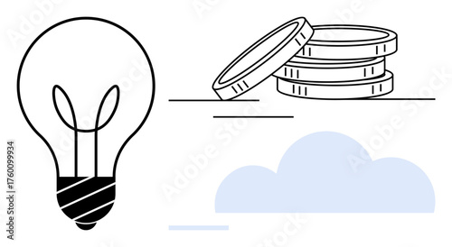 Lightbulb near stacked coins and cloud suggesting creativity, investment, financial progress, modernity. Ideal for innovation, fintech, startups, technology, ideas entrepreneurship success