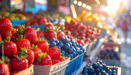 Fresh, vibrant berries displayed at a market during golden hour