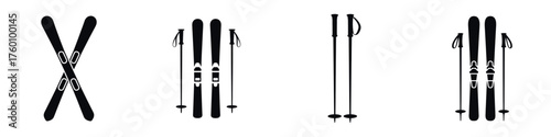 Ski and Poles Icon Set – Winter Sports Equipment Silhouette Collection, Vector Illustration of Skis and Sticks for Snow Adventure, Alpine Skiing, Outdoor Activity, and Mountain Sport Design