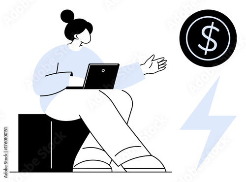 Woman sitting with a laptop, gesturing to a dollar sign and lightning bolt. Ideal for finance, investment, energy, technology, innovation, digital business sustainable economy themes. Simple flat