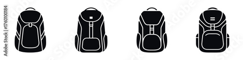 Backpack Icon Set – Travel Bag Silhouette Collection, Vector Illustration of Hiking, Camping, School, and Adventure Backpacks for Outdoor Activities, Tourism, and Lifestyle Design
