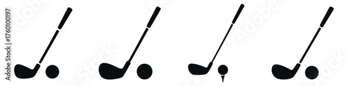Golf Club and Ball Icon Set – Sport Equipment Silhouette Collection, Vector Illustration of Golf Sticks, Balls, and Tee for Tournament, Training, Outdoor Game, and Athlete Design