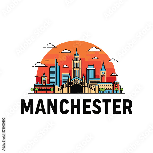 Manchester City Skyline Illustration with Vibrant Colors and Modern Design.