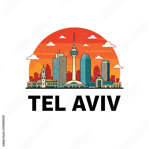 Tel Aviv Skyline Cityscape with Modern Architecture and Sunset.