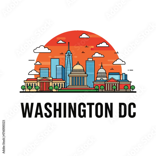 Washington DC Skyline with Famous Landmarks at Sunset.