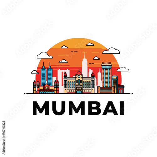 Mumbai Skyline Illustration with Sunset and Cityscape Depiction.