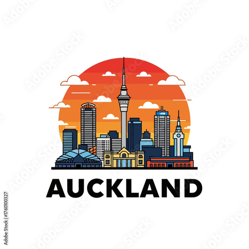 Auckland New Zealand city skyline vector illustration art.