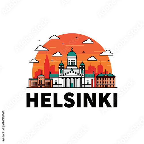 Helsinki Finland skyline illustration featuring iconic architecture and landmarks against a vibrant sunset.