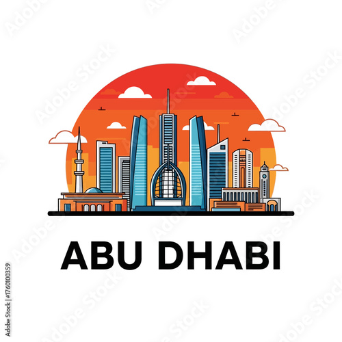 Abu Dhabi Skyline Illustration with Modern Architecture and Cultural Landmarks.