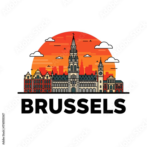 Brussels Skyline Illustration with Grand Place and Sunset Backdrop.