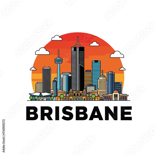 Brisbane Cityscape Skyline Illustration Depicting Urban Architecture and Landmarks.