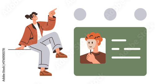Woman sitting and pointing at profile card with photo, icons, and text. Ideal for identity, education, technology, presentations, communication user interface connection. Simple flat metaphor