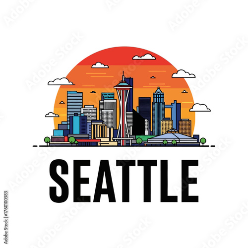 Seattle Skyline Cityscape Illustration with Sunset and Clouds.